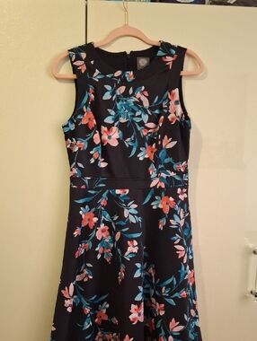 Vince Camuto Black Sleeveless Midi Dress with Coral & Teal Floral Print